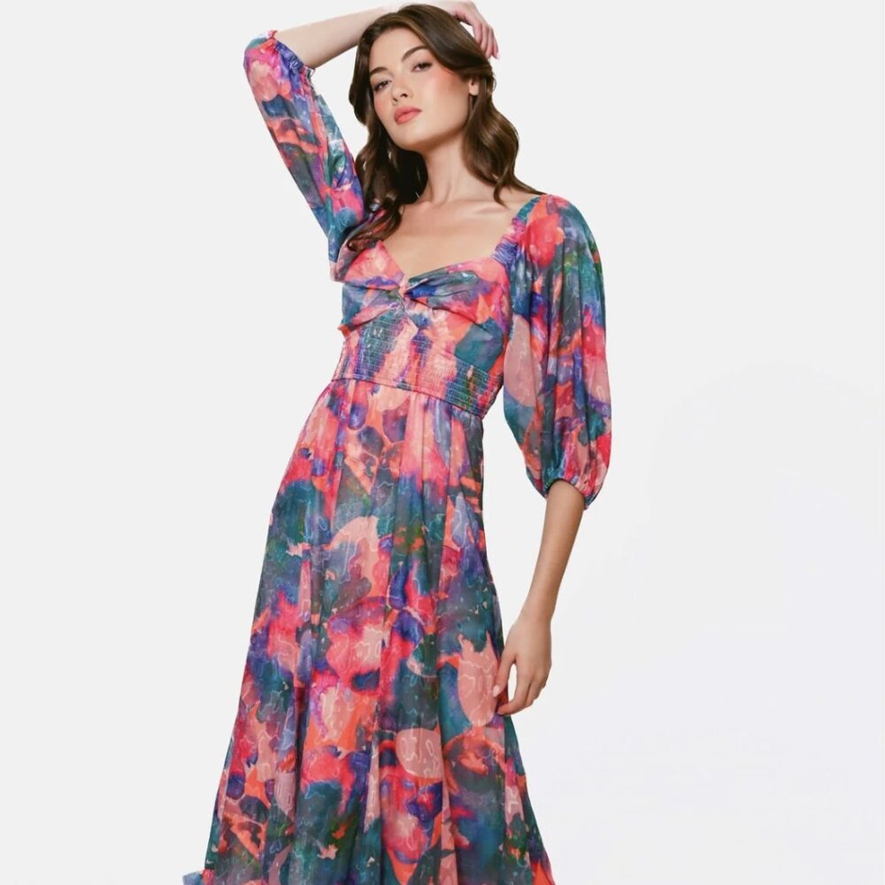 Hutch Women's Gardenia Midi Dress in Peach Abstract Floral Burnout, NWT, XS-M